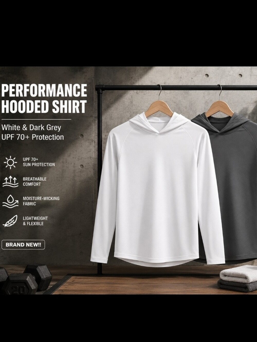 Men's White & Dark Gray Hooded Performance Shirt - UPF 70+ BOTH BRAND NEW!!